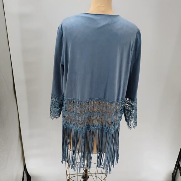 Chicos 0 Womens Open Lace And Fringe Steel Blue Faux Suede Cardigan Sz 2 NWOT - Picture 8 of 16